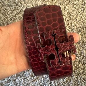 Tory Burch Burgundy Crocodile Embossed Belt